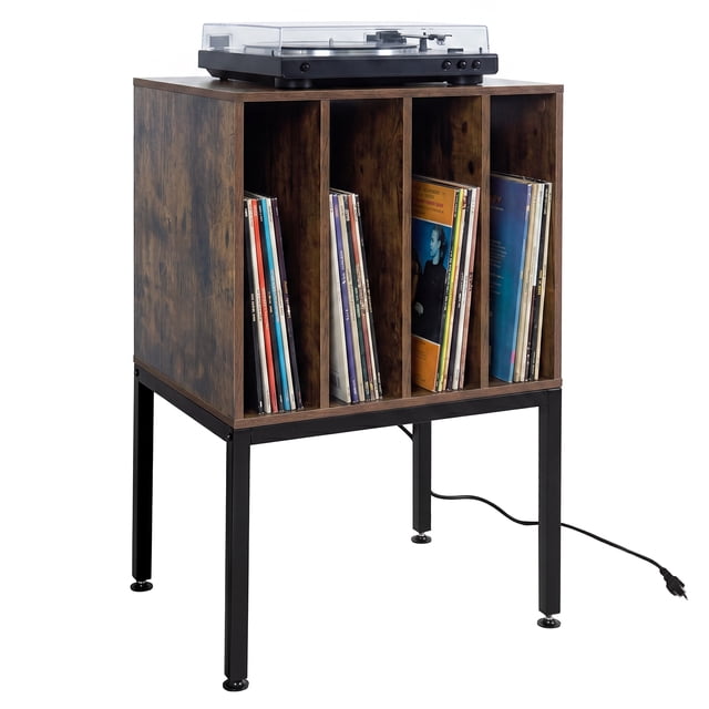 Costway Record Player Stand with Power Outlets,Turntable Station with Divider Holds150 Records Rustic Brown