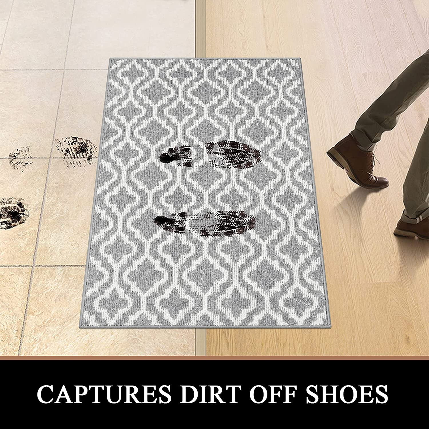 Findosom 20"x32"+20"x48" 2pcs Kitchen Rug Set Non Slip Kitchen Runner Rug and Doormat Washable Kitchen Mats Set Indoor Doormat Runner Rugs for Kitchen Laundry Hallway Entryway Grey Floral