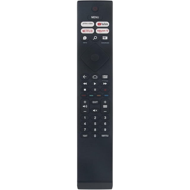 mando a distancia de repuesto 398gr10bephn0042bc para philips smart tv brc0984502/01 reemplazo aftermarket negro, vista frontal centrada con carcasa de ABS y botones de goma: botón de encendido arriba, fila de accesos directos Netflix, YouTube y Prime Video, pad direccional circular, controles de reproducción y volumen en el centro y teclado numérico abajo; preprogramado y listo para usar sin configuración, ideal como reemplazo directo para televisores Philips.