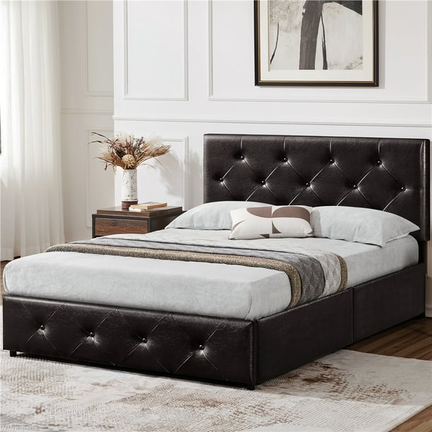 Yaheetech Platform Bed with Adjustable Headboard and Storage, Full Size