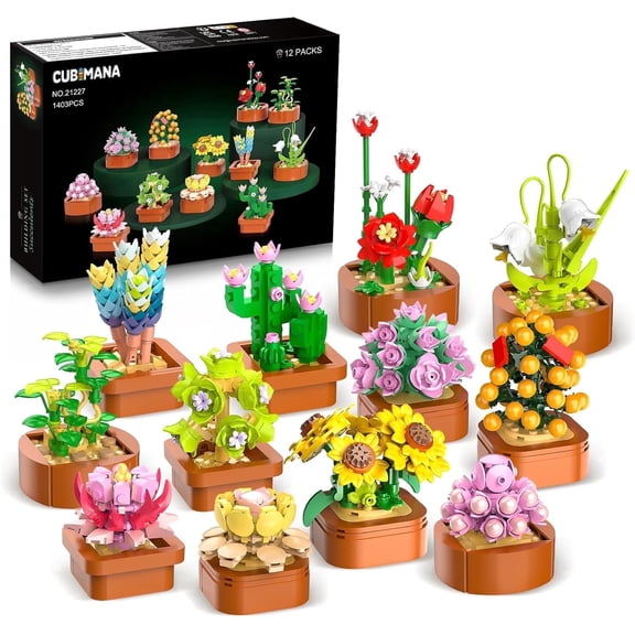 TERRAMUS Succulents Bouquet Building Set 12 Pack, 1403 PCS Artificial Flower Blocks, Flower Botanical Collection Toy for Boys Girls Adults Ages 10 