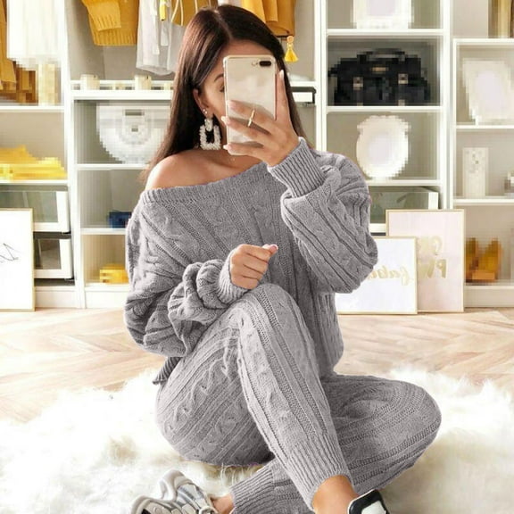 Frostluinai Cable Knit Sets Two Piece Women Off Shouler Long Sleeve Pullover Slim Fit Knit Pants Plus Size Solid Loungewear Sets Womens Sweaters