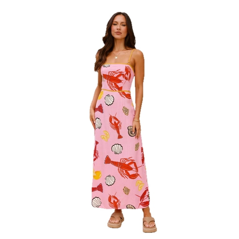 lobster linen dress Women's Casual Fashion Lobster Print Linen Spaghetti Strap Maxi Dress,  Sleeveless Flowy Beach Vacation Sundress for Summer Travel Resort Wear