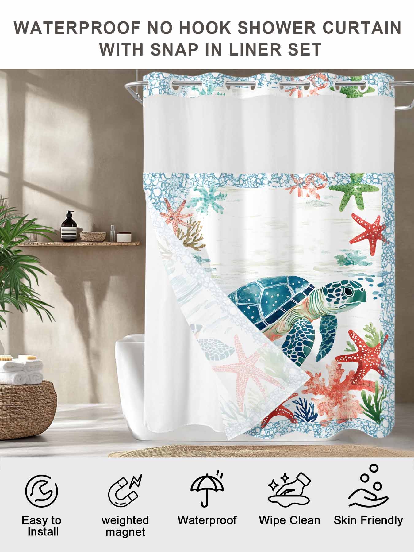 No Hook Shower Curtain with Snap in Liner,Nautical Blue Sea Turtle Starfish Waterproof Bath Curtain Double Layers with See Through Top Window,Ocean Coral Retro Border Hotel Shower Curtains 60x72in
