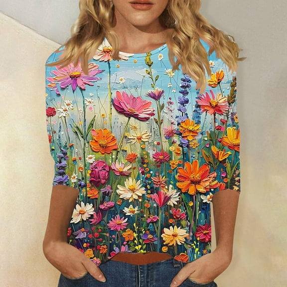 Runfenguu Y2K Top Funny T Shirts Fashionable Women'S Pullover Printed Casual Round Neck 3/4 Sleeve