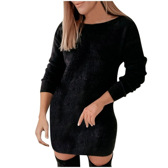 SEMPAI Summer Savings Plus Size Dresses Vacation Sundresses for Women Long Sleeve Crew Neck Solid Mid-Length Summerdresses For Women 2025 Stylish for Graduation Women Dresses