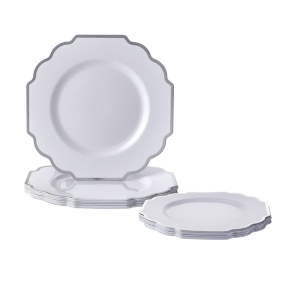 SILVER SPOONS Elegant Disposable Plates For AFN1Party - (10 Duty Disposable Dinner Set 10.25”, Fine Dining Plastic Dishes For Elegant China Look, Great Upscale Celebrations & Events,White/Silver