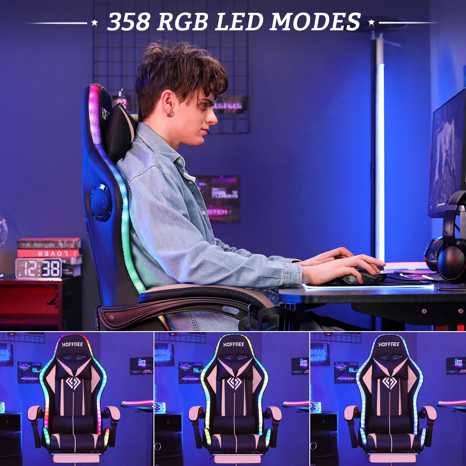 Hoffree Gaming Chair with Bluetooth Speakers and Footrest Massage Office Chair with LED Lights Ergonomic Game Chair High Back with Lumbar Support and Headrest Adjustable Swivel for Adults 300lb