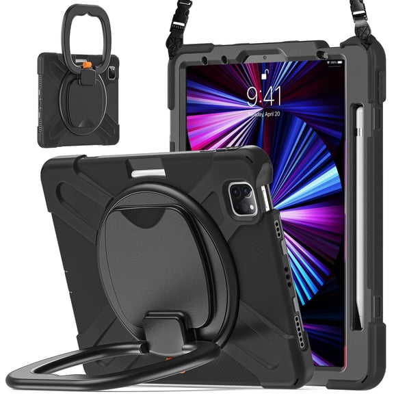 Case for iPad Air 11 (2026 M4/2025 M3/2024 M2)/iPad Pro 11 inch (2022/2021/2020/2018), 360 Degree Rotating Hand Grip Shockproof Cover with Shoulder Strap, Black