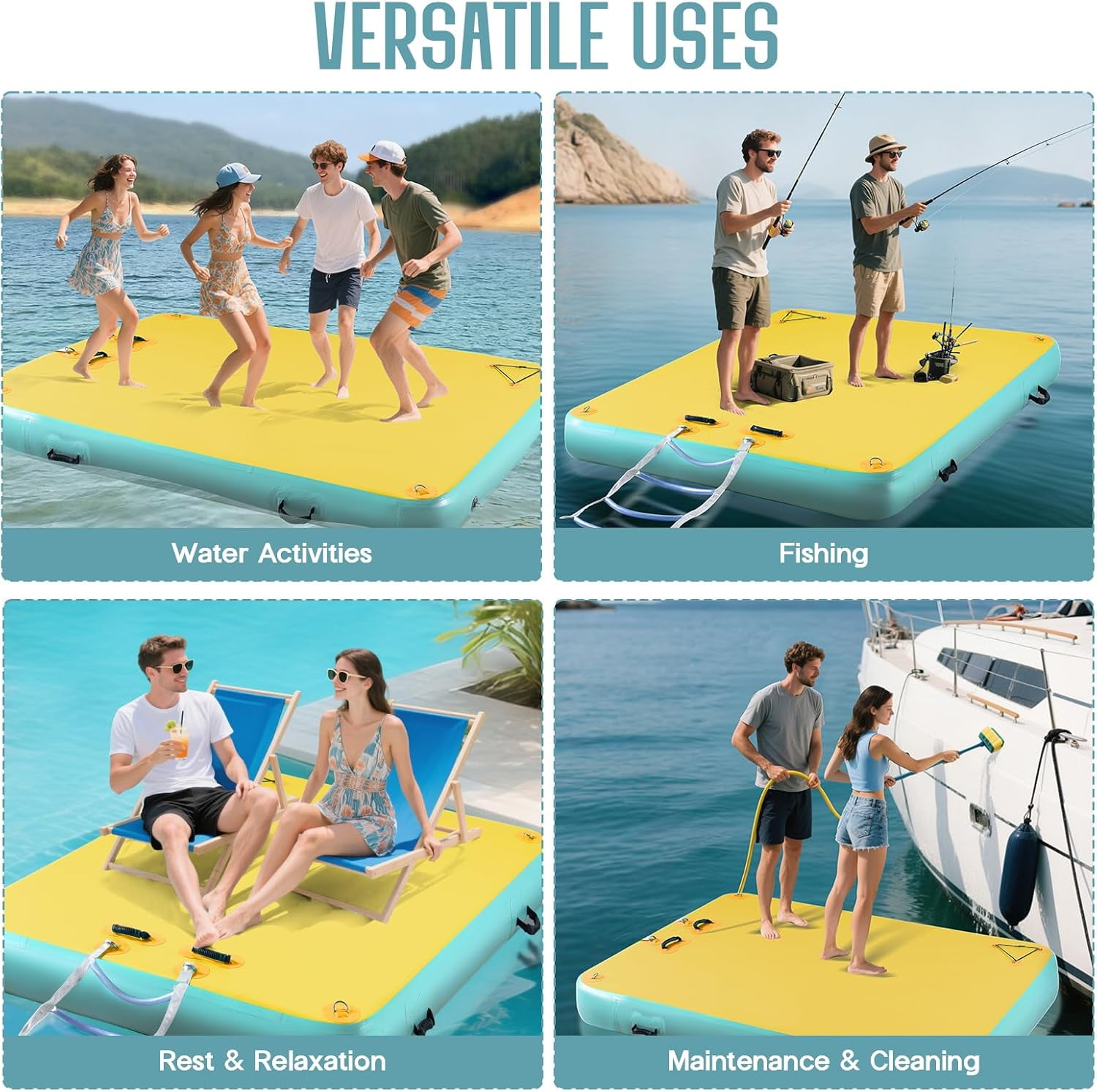 Jocisland 8x6 ft Inflatable Floating Dock with Non-Slip Surface, Detachable Ladder, Multi-Person Swim Platform for Pool, Beach, Ocean, Yellow+Mint Green