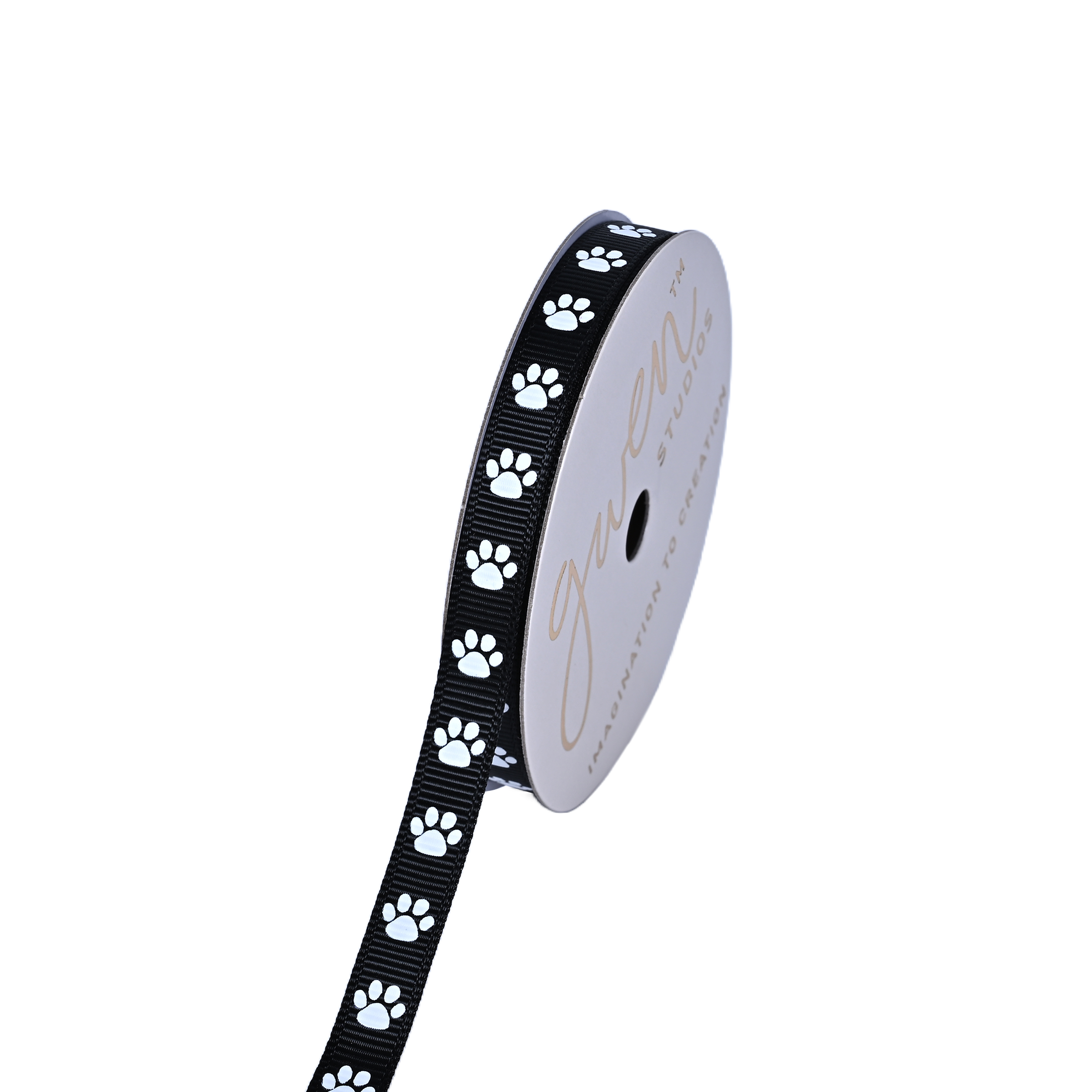 Gwen Studios 3/8" White Paws on Black Grosgrain Ribbon, 7 yards
