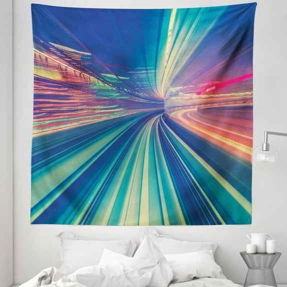 Abstract Tapestry, Speed Concept Technology Themed Artwork Blurred Look Urban Road, Fabric Wall Hanging Decor for Bedroom Living Room Dorm, 5 Sizes, Seafoam Night Blue and Coral, by Ambesonne