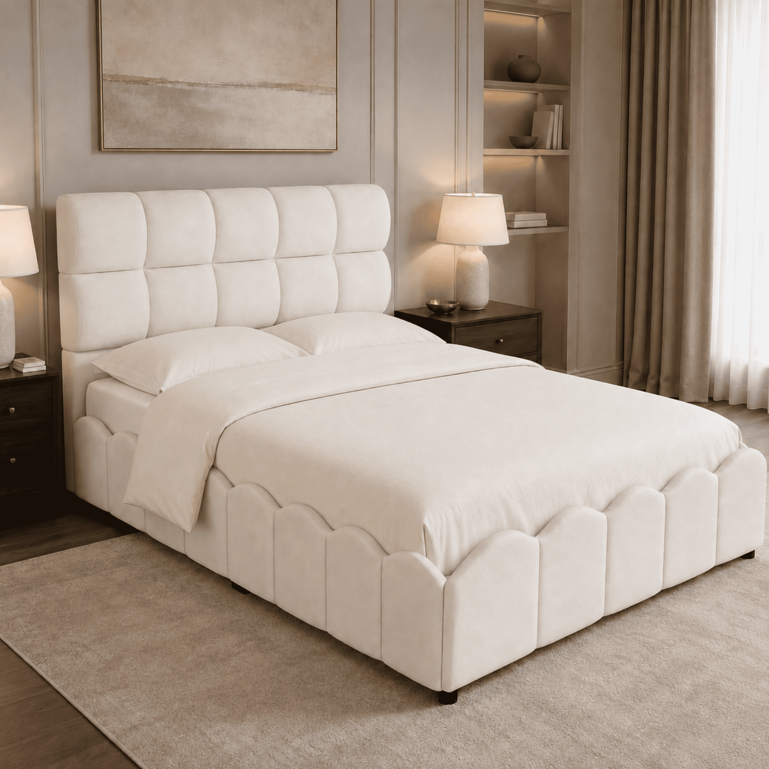 Euroco Upholstery Velvet Full Size Platform Bed with Tall Panel Headboard, No Box Spring Needed, Beige