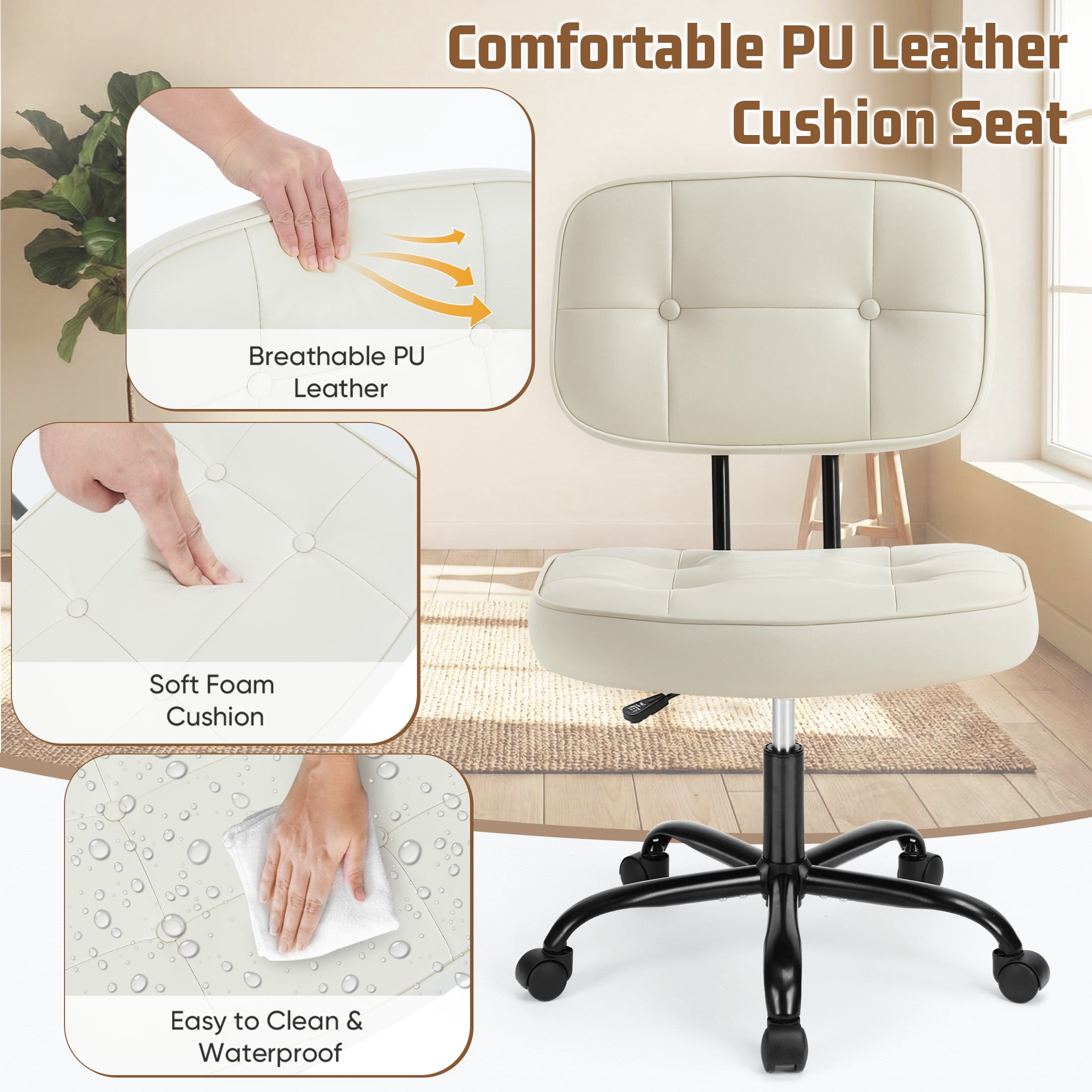 edx Height Adjustable Office Desk Chair, Low-Back Lumbar Support Rolling Work Swivel Task Chair with Wheels for Home Office Bedroom, Beige