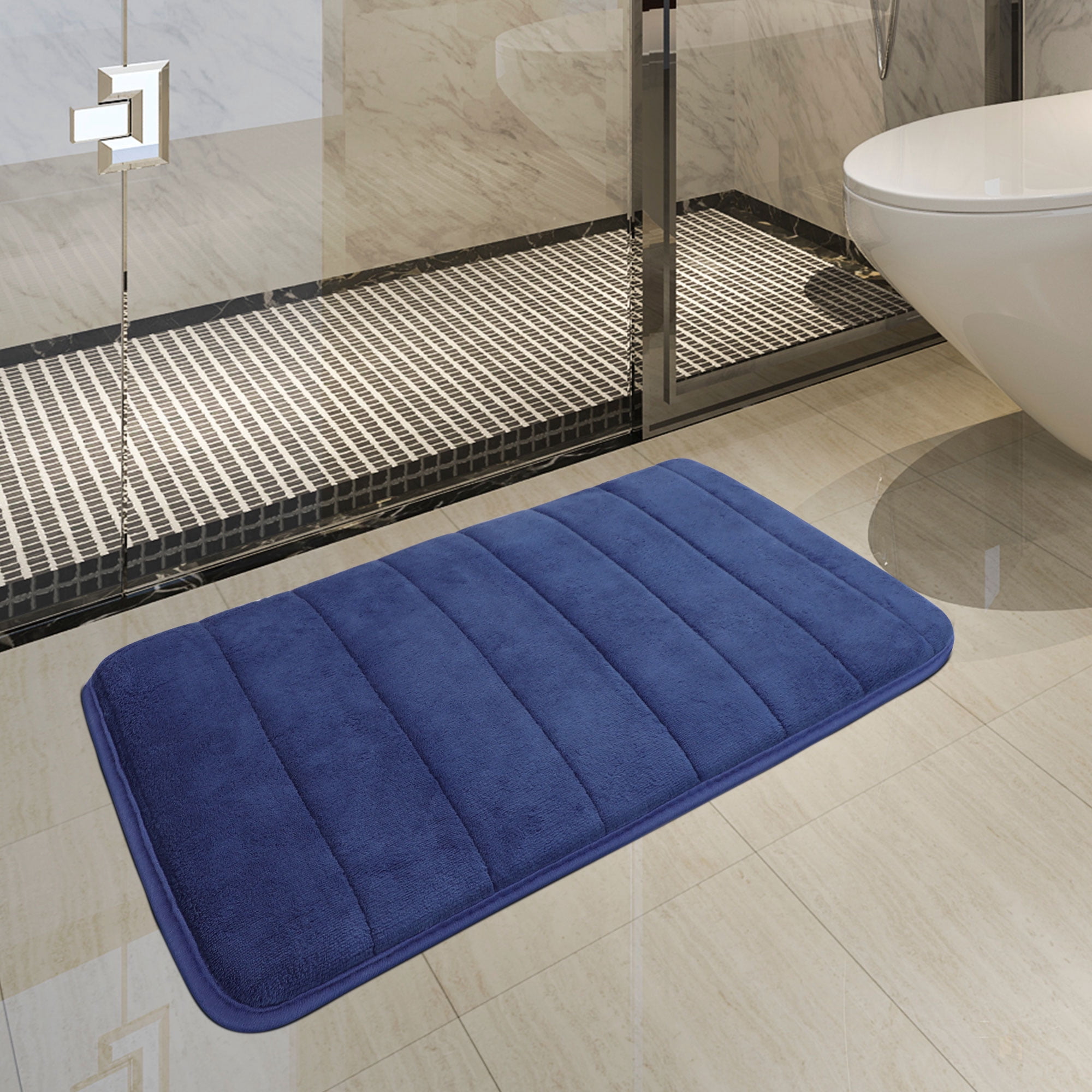 REGALWOVEN 2Pcs Memory Foam Bath Mat Non Skid Velvet Absorb Water Bath Rug  for Bathroom Kitchen Soft Carpet Royal Blue