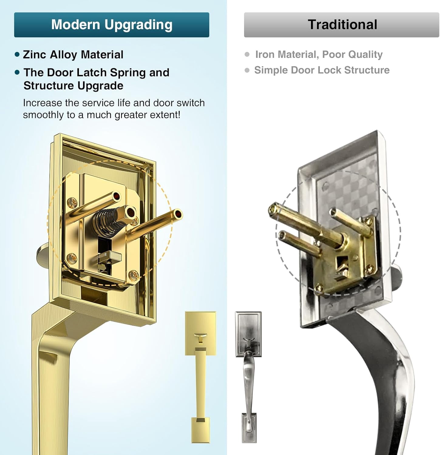 Satin Brass Front Door Handle and Deadbolt Set, Front Door Lock Set with Crystal Glass Door Knob, Exterior Door Lock Set with Single Cylinder, Reversible for Right & Left, Gold