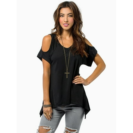 Womens Cold Shoulder Short Sleeve Casual T-shirt