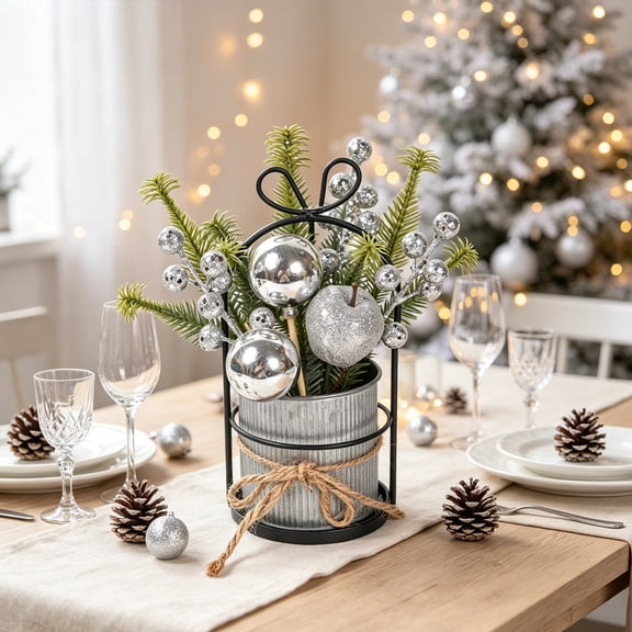 Christmas decoration-Christmas wrought iron galvanized barrel desktop potted ornaments simulation pine berries holiday decoration desktop Christmas tree