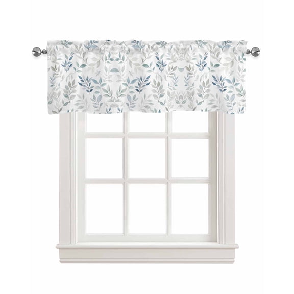 Blue Teal Botanical Kitchen Valances for Windows Farmhouse Linen Window Valance Curtain for Living Room Window Treatment Watercolor Spring Summer Leaves Valance Rod Pocket Topper Drape, 60 x 18 Inch