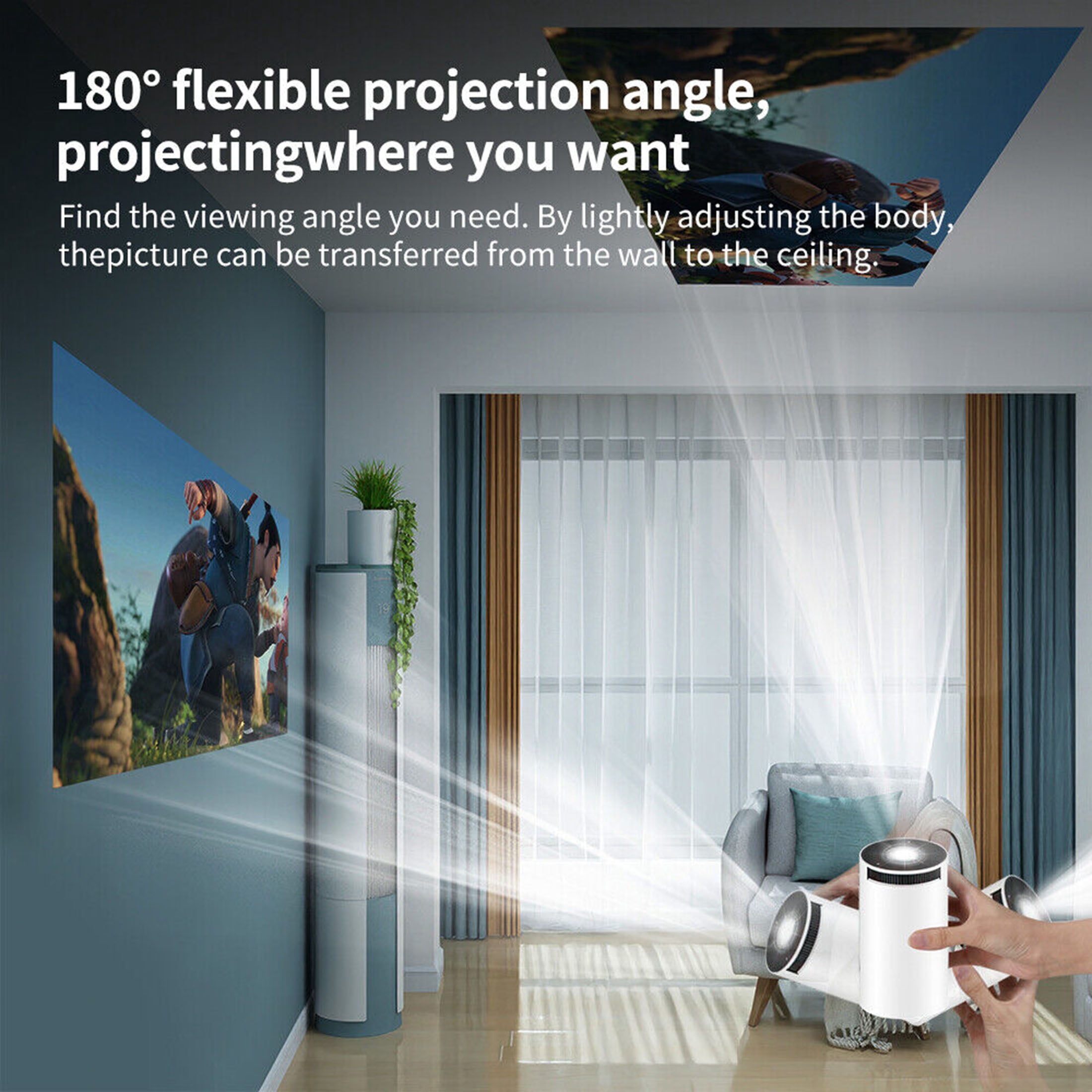 Portable Mini Projector with WiFi and Bluetooth, Home Theater, Outdoor Movie Projector, 4K & 1080P Supported