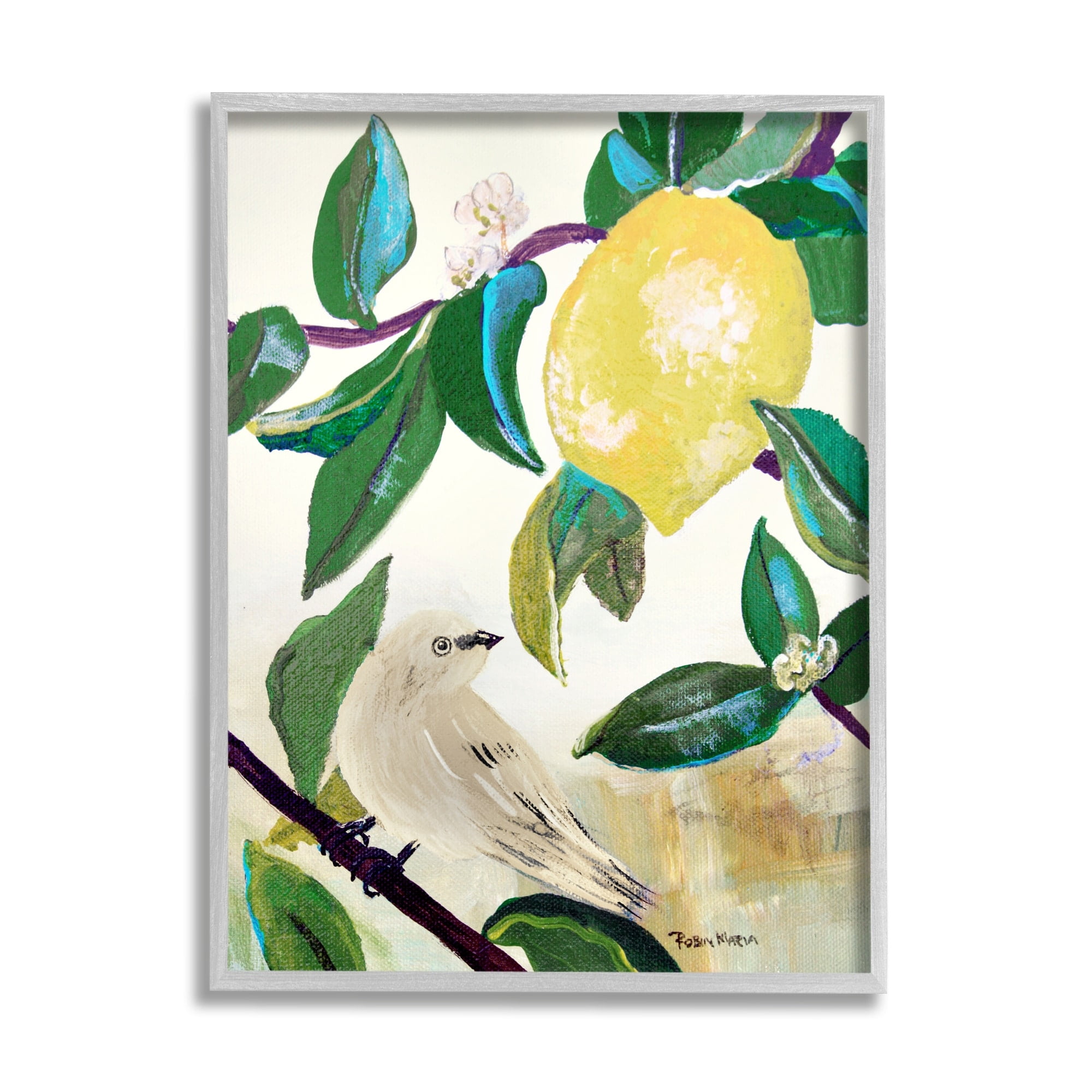 Stupell Industries Vivid Yellow Lemon Citrus Fruit Bird Perched Painting Gray Framed Art Print Wall Art, Design by Robin Maria