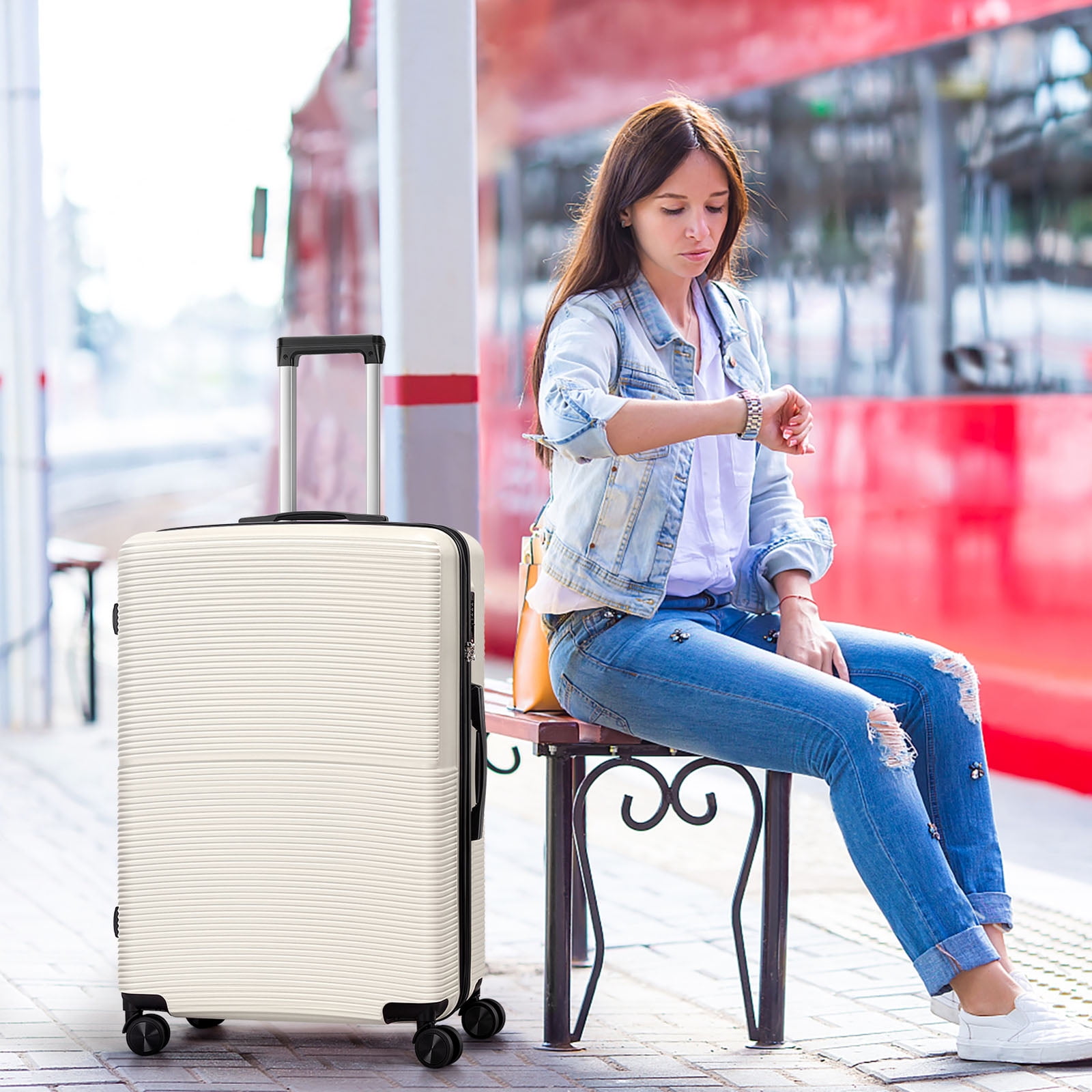 Hardside Spinner Luggage Sets in White, 3 Piece, TSA Lock