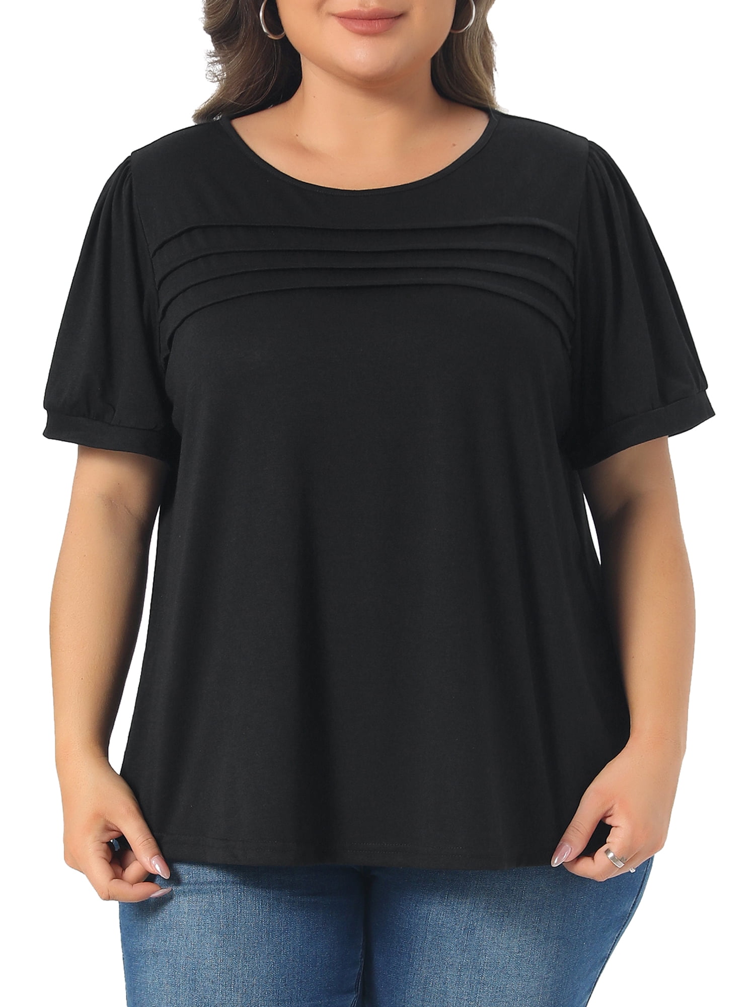 Women's Plus Short Sleeve Crew Neck Pleated Casual Tunic Blouse 2X Black