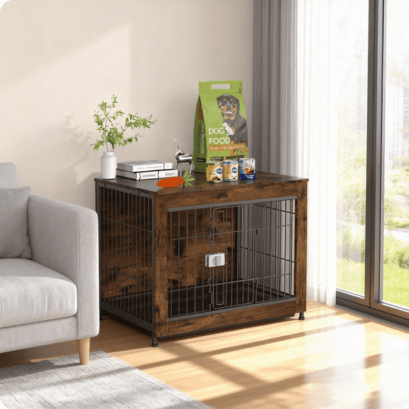 TIME RAY 27"Dog Crate Furniture with Secure Lock and Removable Tray, Wooden Dog Kennel End Table Indoor Dog Cage for Small/Medium Dogs, Decorative Pet Crate Table for Home Indoor Use