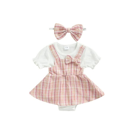 

Binpure Baby Girl’s Plaid Stitching Skirt Short Sleeve Romper with Headband