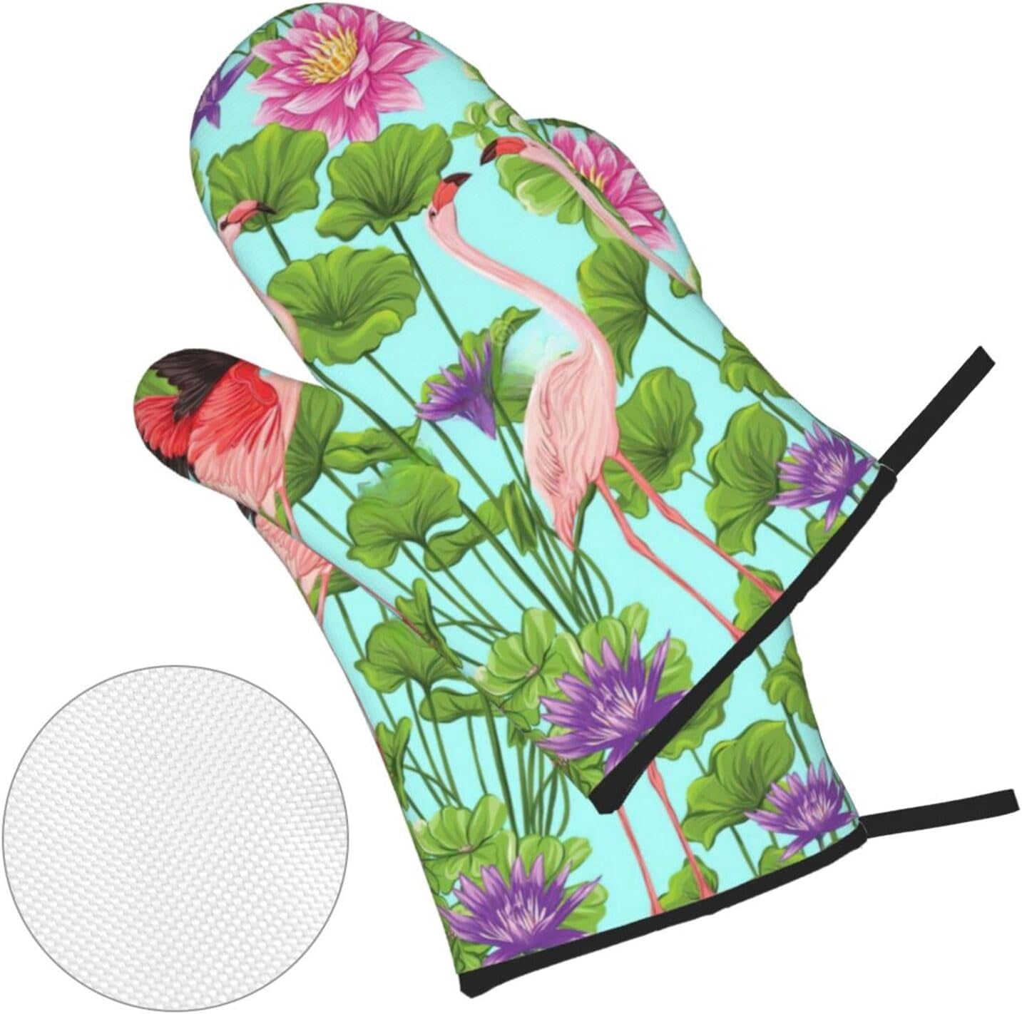 Flamingo Love Flowers Oven Mitts and Pot Holders Sets for Kitchen 4 Pcs 7"X11" Heat Resistant Baking Cooking