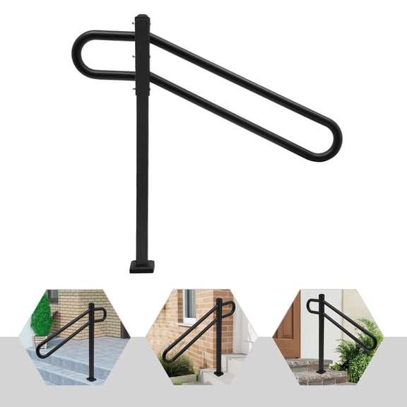 ToppiJoy U-Shaped Single Post Handrail, Iron Metal Handrails for Outdoor 1-3 Steps, 45 ° Slope Tubes Stair Railing for Garage, Porch (Black)