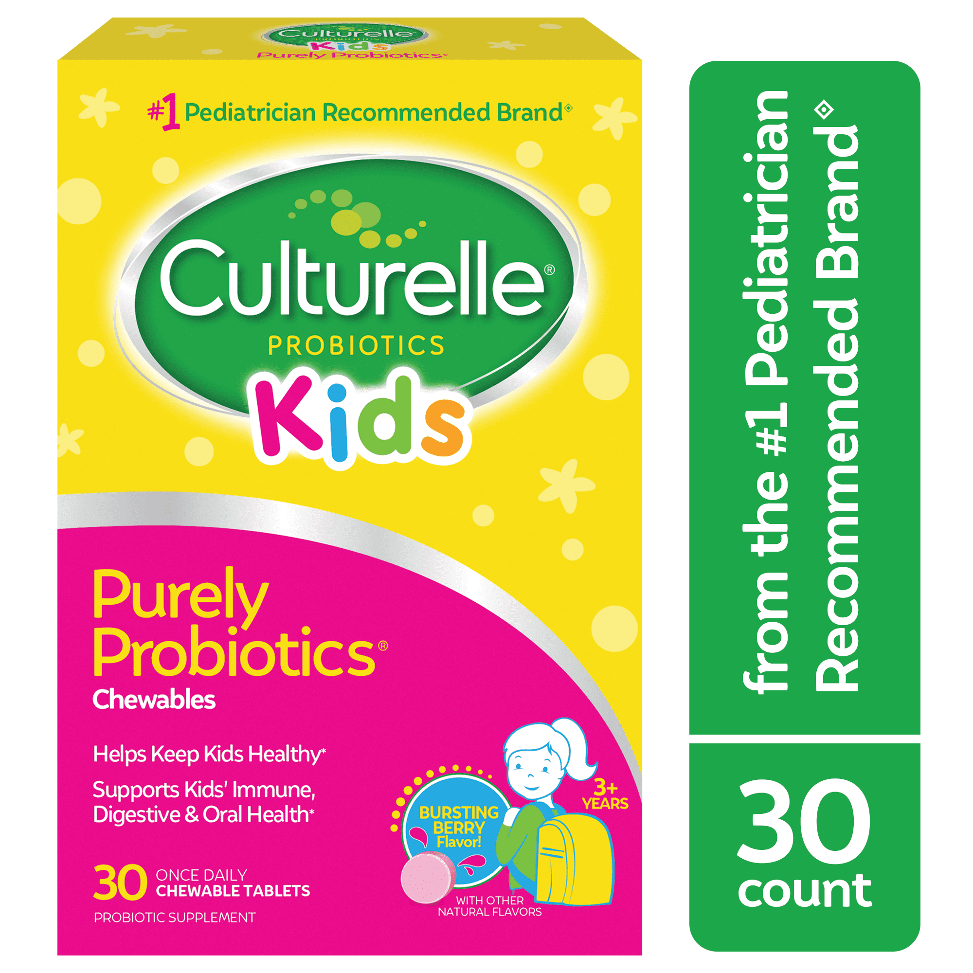 Culturelle Probiotics Kids Purely Probiotic Daily Chewables Supplement, Immunity & Digestion Support for Children, Bursting Berry Flavor, 30 Count