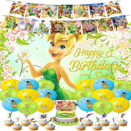 Tinker Bell Party Supplies Includes Cake Topper, Cupcake Toppers, Latex Balloons, Happy Birthday Backdrop, Banner