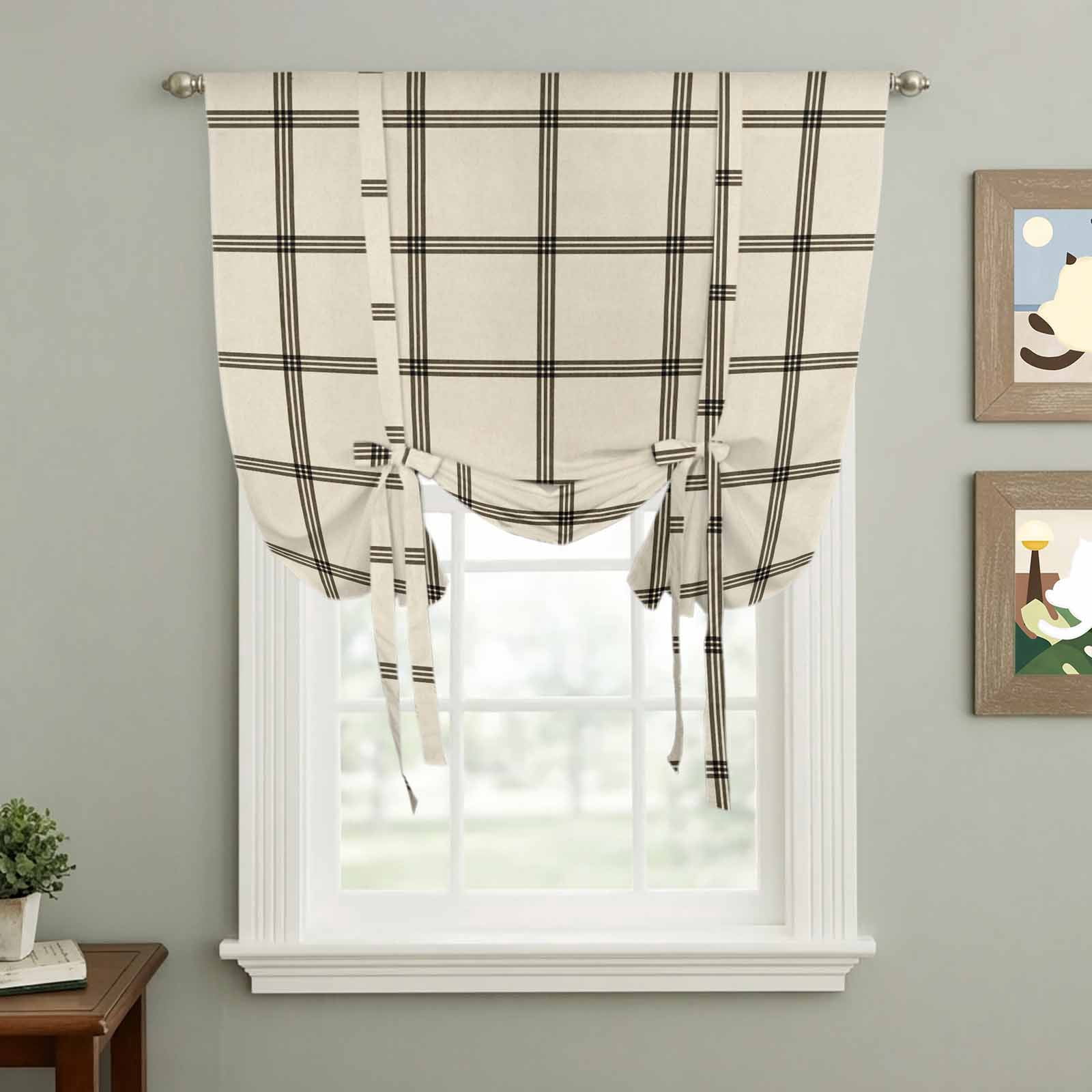 Linen Buffalo Check Tie Up Curtains 45 Inches Long, Kitchen Window Curtains Over Sink, Retro Black Lines Grid Pattern Small Window Curtains Shade Balloon Curtains Valances for Bedroom/Cafe 34"x45"