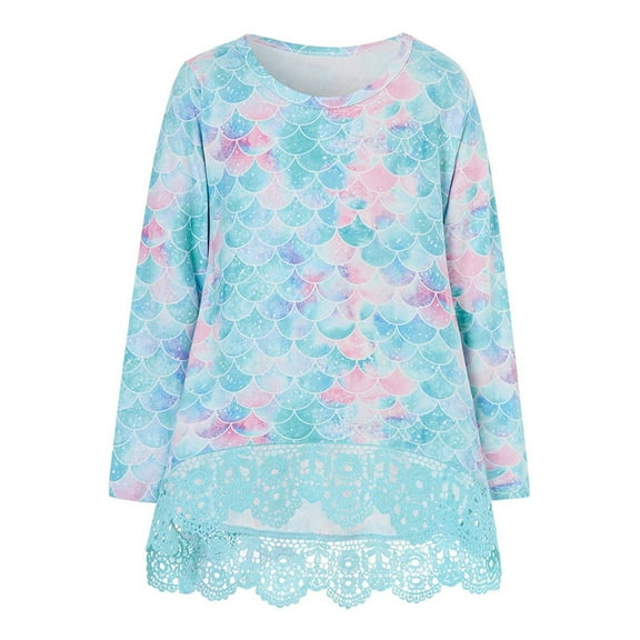 Generic Girls Lace Long Sleeve Crew Neck Layering Tops Casual Lace Tunic Tops Long Sleeve Loose Blouse