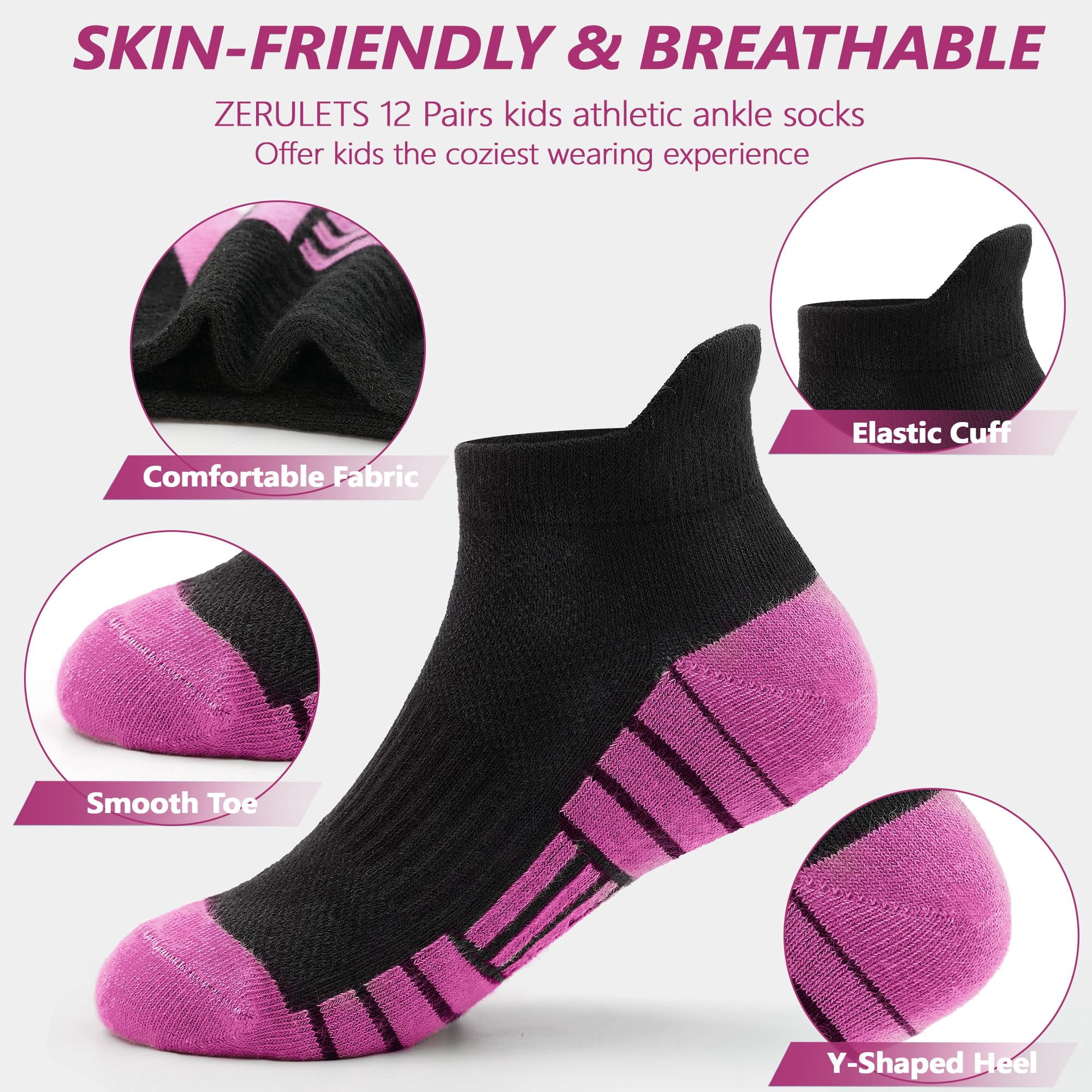 Kids Boys Socks, 12 Pairs Ankle Athletic Low Cut Half Cushion Socks for Boys Girls Toddler 1-14 Years