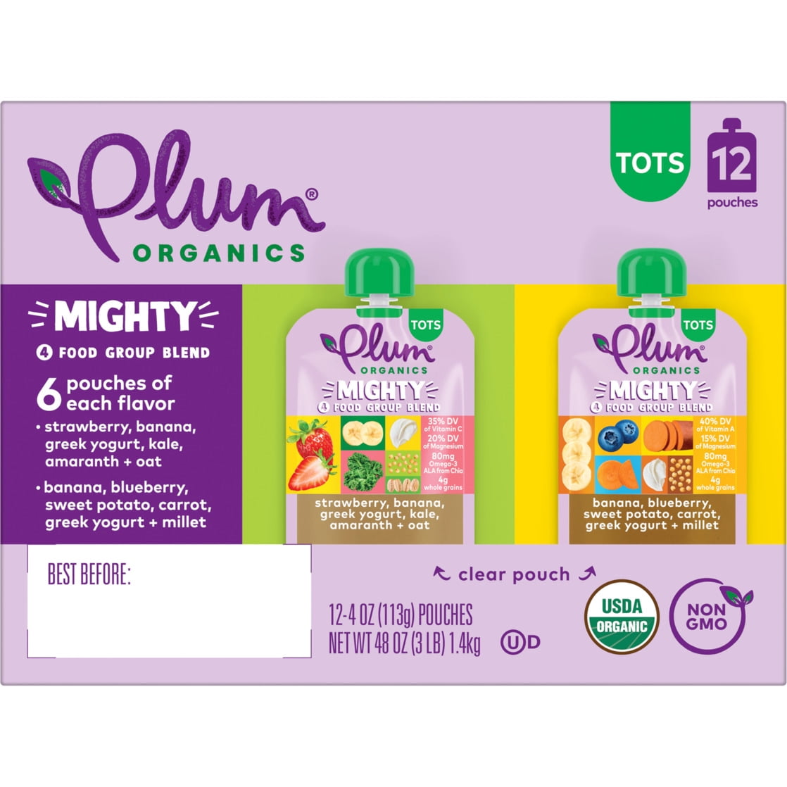 Plum Organics® Tots Mighty 4 Food Group Blend Strawberry/Banana & Banana/Blueberry 4oz Pouch-12-Pack