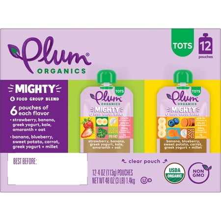 PLUM ORGANICS® TOTS MIGHTY 4 FOOD GROUP BLEND STRAWBERRY/BANANA & BANANA/BLUEBERRY 4OZ POUCH-12-PACK