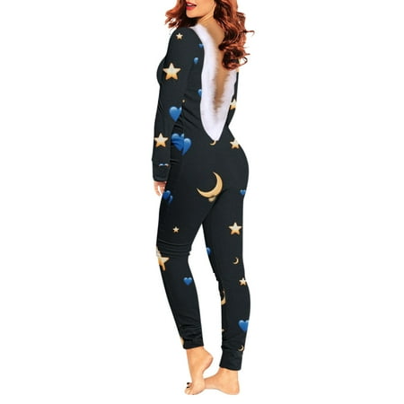 

ZMHEGW Sleepwear For Women Printing V Neck Long Sleeve Open Back Furry Adult Pajamas Jumpsuit Bodysuit Playsuit Romper