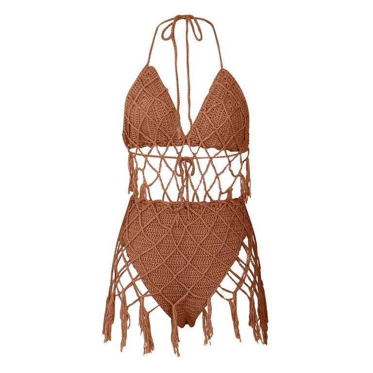 Wyongtao Women's 2 Piece Beach Swimsuit Crochet Bikini Coverups Halter Neck  Swimwear Tassel Dress,Brown XL