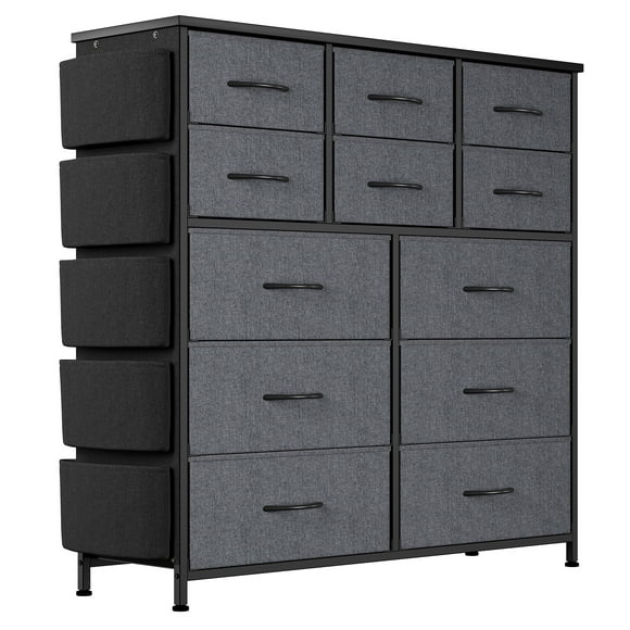 Fabric Storage Dresser – 12 Drawers with 5 Side Pockets & 2 Hanging Hooks, Metal Frame Chest of Drawers – Large Fabric Dresser for Bedroom, Living Room & Closet Organization