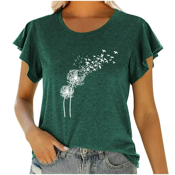 SELONE Peplum Tops for Women Short Sleeve Tops Blouses Regular Fit T Shirts Pullover Tees Tops Dandelion Print T-Shirts Crew Neck Tops Blouses Easy Care Soft Breathable Pullover Tops Green XXXL