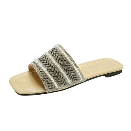 

MIARHB Ladies Plus Size Summer Rhinestone Flat Sandals Square Toe Beach Slippers