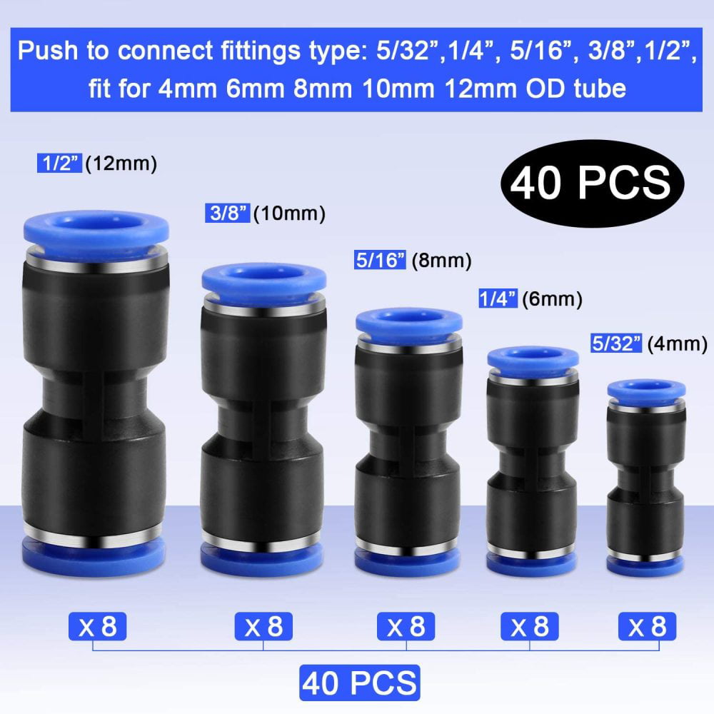 40X Straight Push-in Connectors 5/32 1/4 5/16 3/8 Inch Quick Release Pneumatic 
