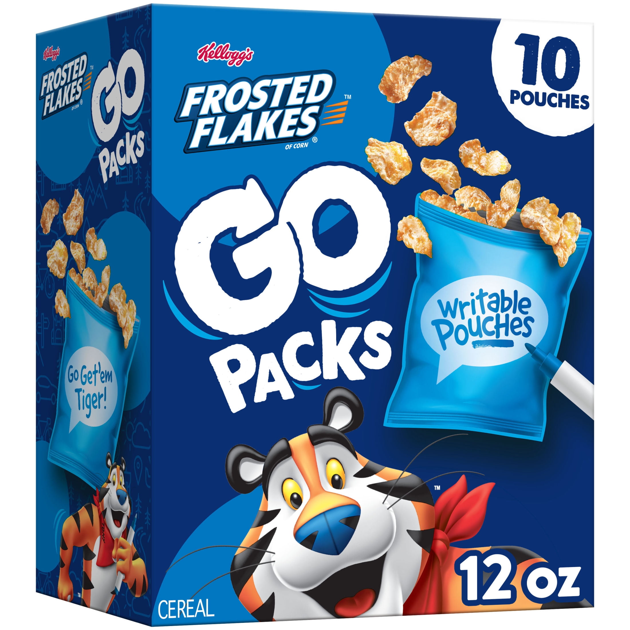 (4 pack) Kellogg's Frosted Flakes Go Packs Cereal, Kids Snacks, Lunch Snacks, Original, 12oz Box (10 Pouches)