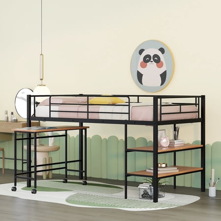 Low Loft Bed with Rolling Desk and 2 Shelves  Twin Size Metal Loft Bed Frame with with Full-Length Guardrail and Ladder for Kids Boys & Girls  Noise Free  Black