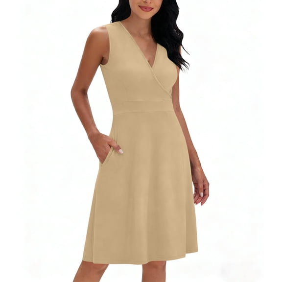 Perfectbot Women's V-Neck Sleeveless Wrap Dress, Solid Color A-Line Mini Spring Summer Dress with Pockets