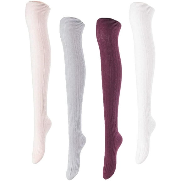 Lovely Annie Women's 4 Pairs Over Knee High Cotton Socks JMYP1024 Size 6-9 Style 02 (Beige,Light Grey,Wine,White)