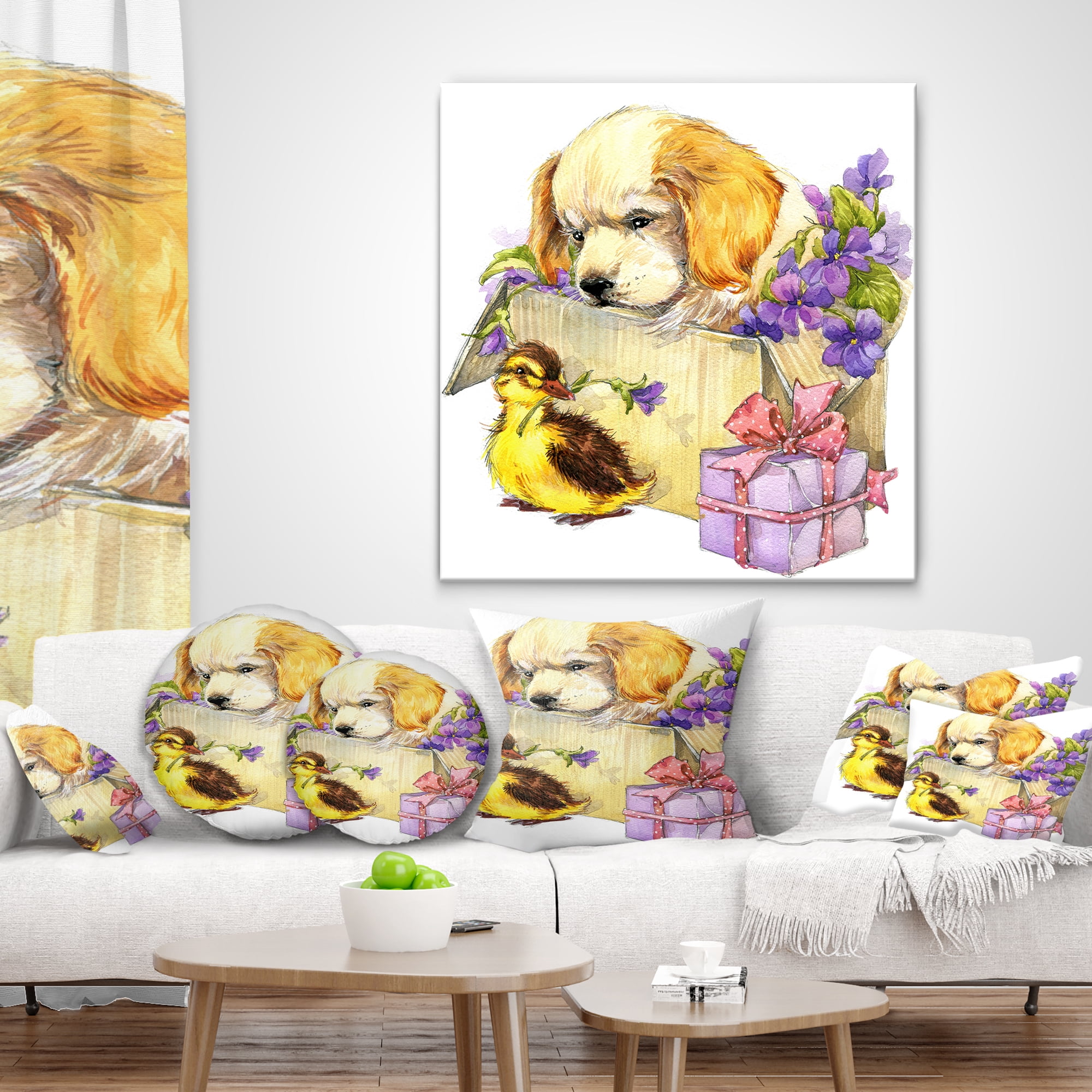 Designart Cute Puppy Dog and Duck - Contemporary Animal Throw Pillow - 16x16