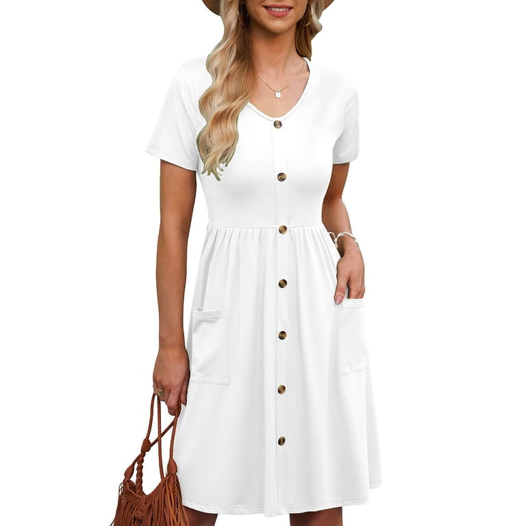 Rigardu Women Summer Casual Short Sleeve Dresses Button Down Knee Length Dress With Pockets White+S, Women's, Size: Small